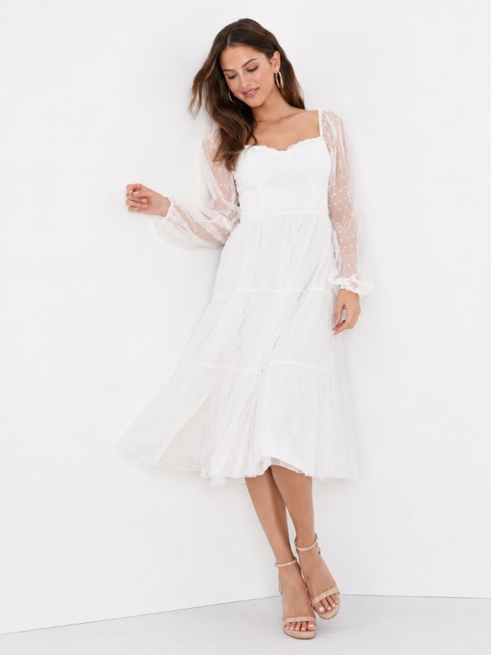 LULU's Bridal Shower Reception Swiss Dot Romantic Long Sleeve Midi Dress